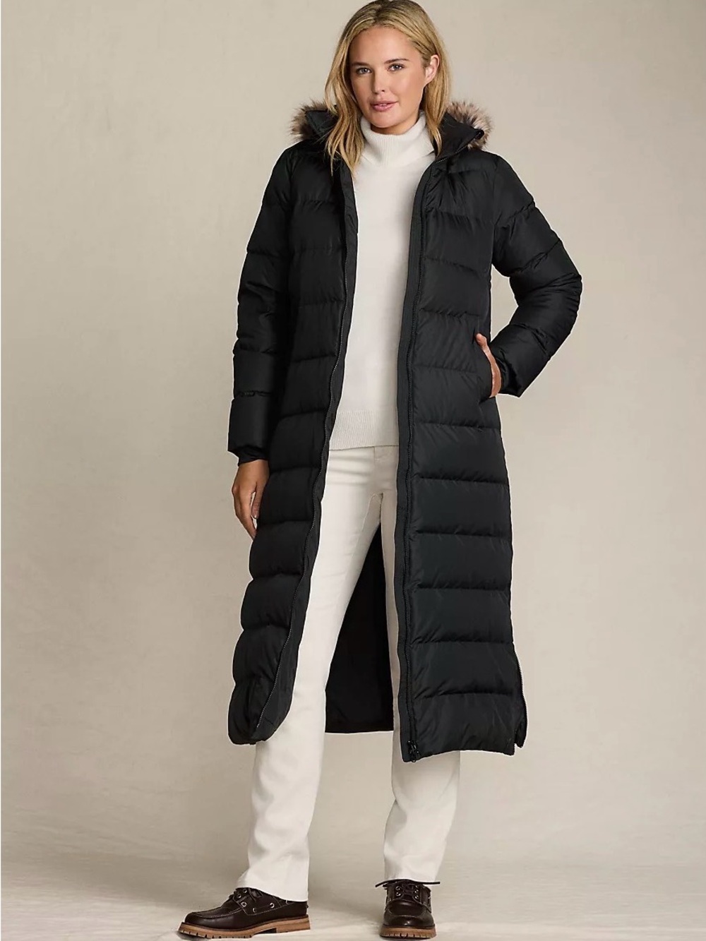 Lands' End Black Long Quilted Down Puffer with Faux Fur Hood
